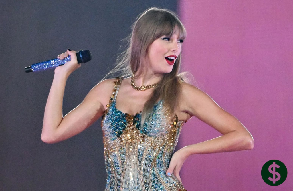 Taylor Swift net worth spotlight as the global pop star performs live on stage during her record-breaking Eras Tour, showcasing her success as a billionaire artist.